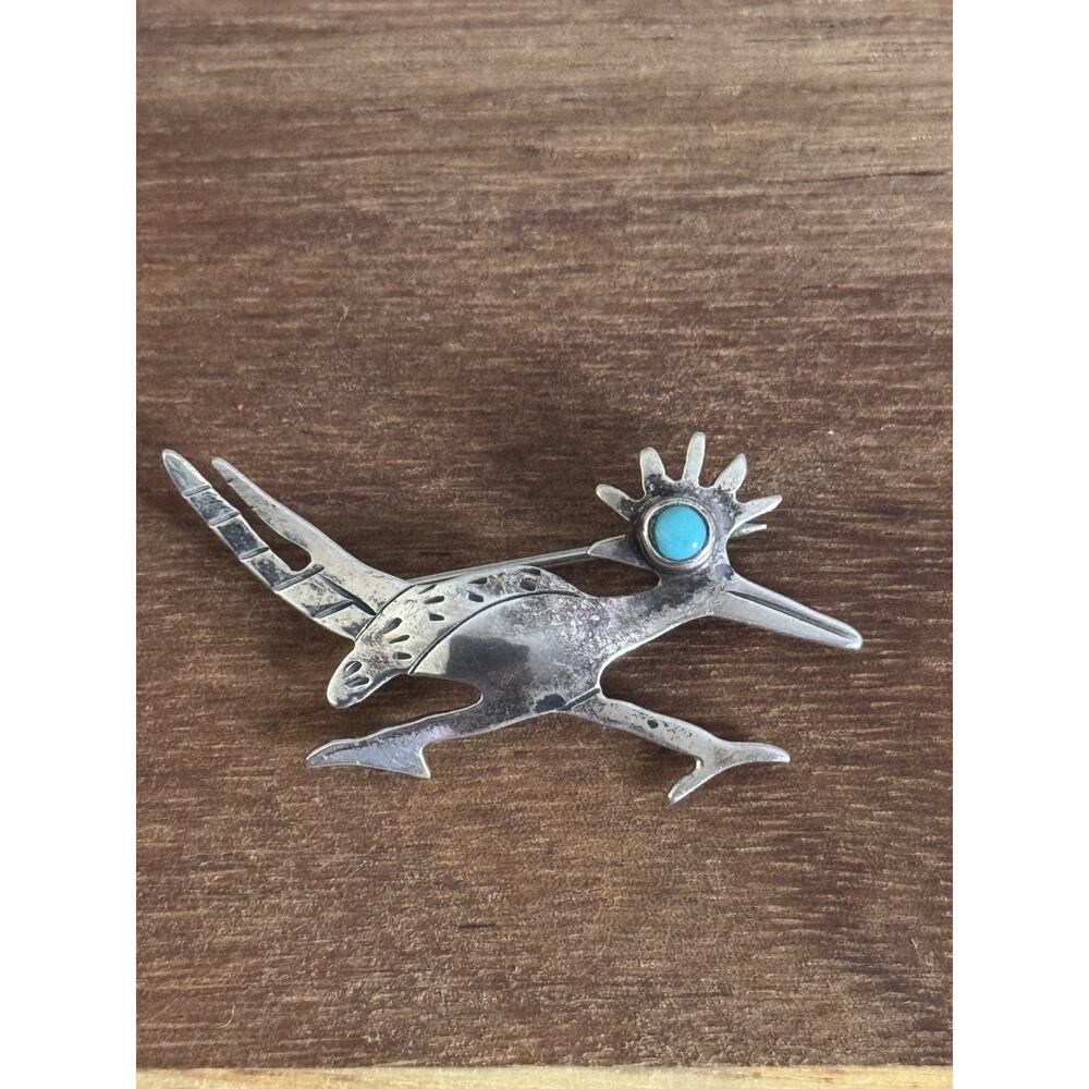 Vintage Navajo Sterling Turquoise Roadrunner Pin Brooch Signed K.P. 2.3g